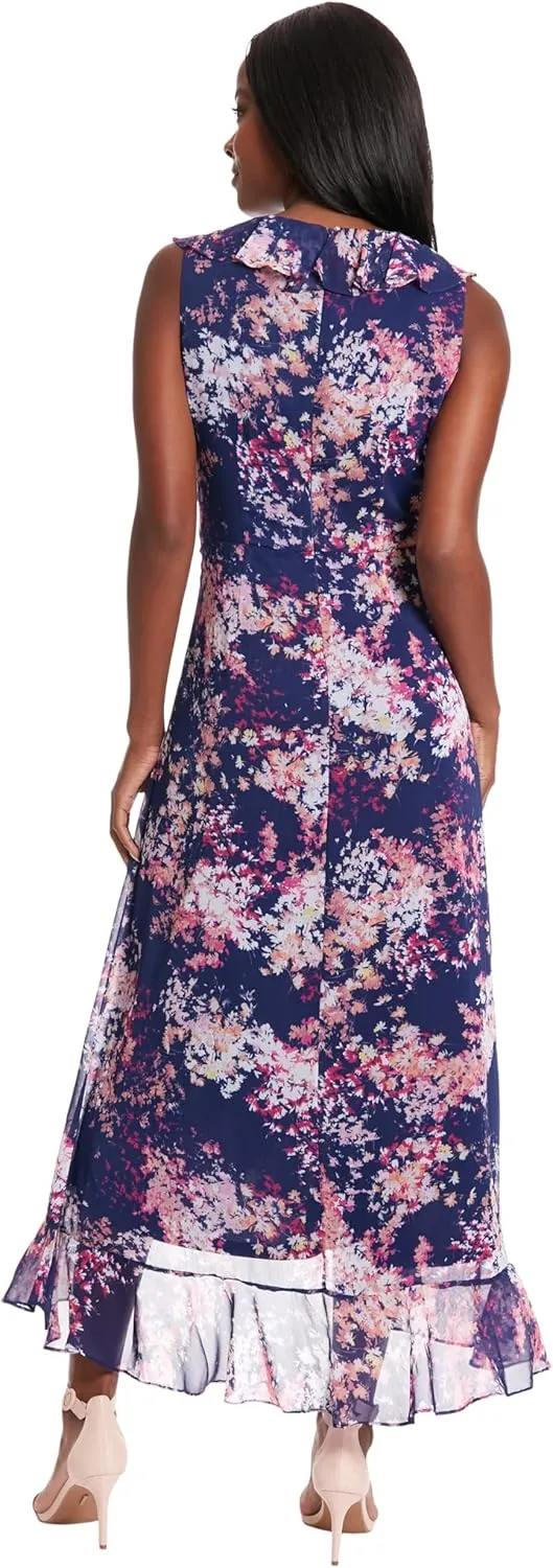 London Times Women's Dresses Ruffle V-Neck and Faux Wrap Maxi Dress