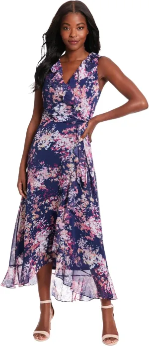 London Times Women's Dresses Ruffle V-Neck and Faux Wrap Maxi Dress