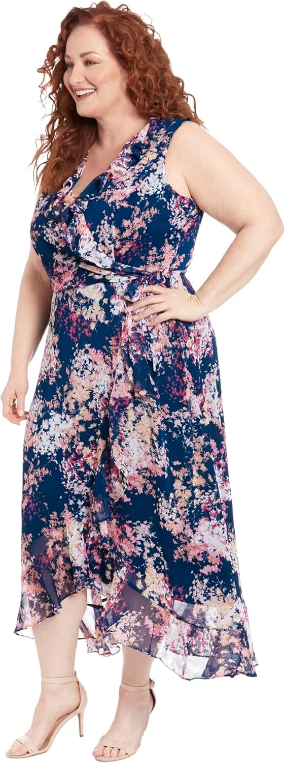 London Times Women's Dresses Ruffle V-Neck and Faux Wrap Maxi Dress