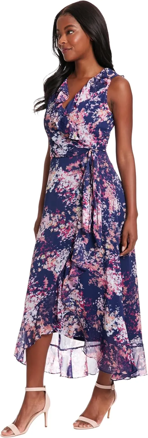 London Times Women's Dresses Ruffle V-Neck and Faux Wrap Maxi Dress