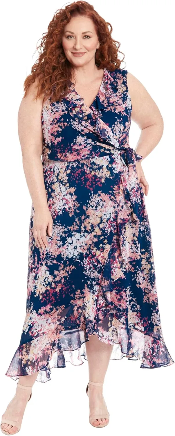 London Times Women's Dresses Ruffle V-Neck and Faux Wrap Maxi Dress