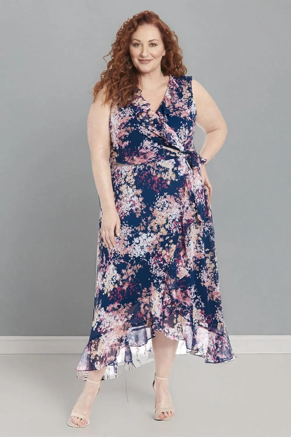 London Times Women's Dresses Ruffle V-Neck and Faux Wrap Maxi Dress