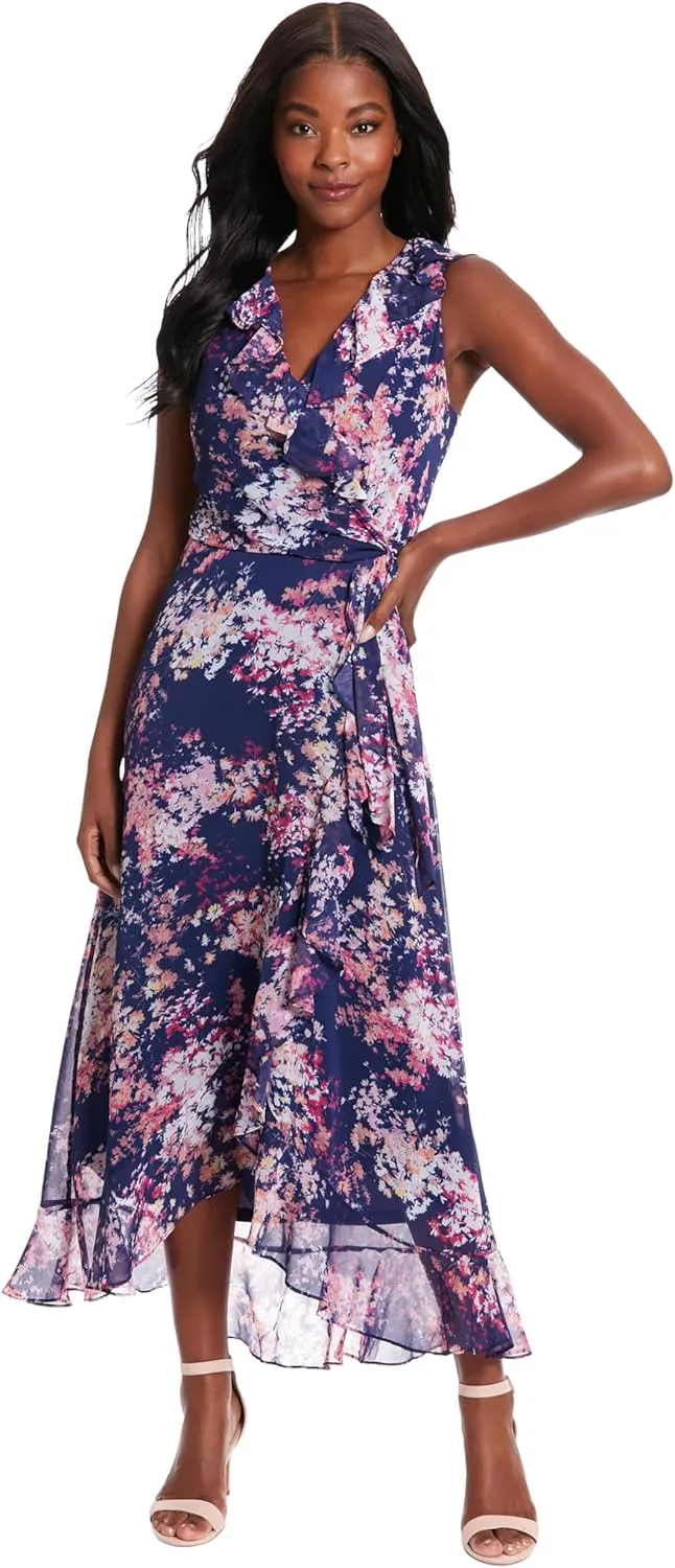 London Times Women's Dresses Ruffle V-Neck and Faux Wrap Maxi Dress