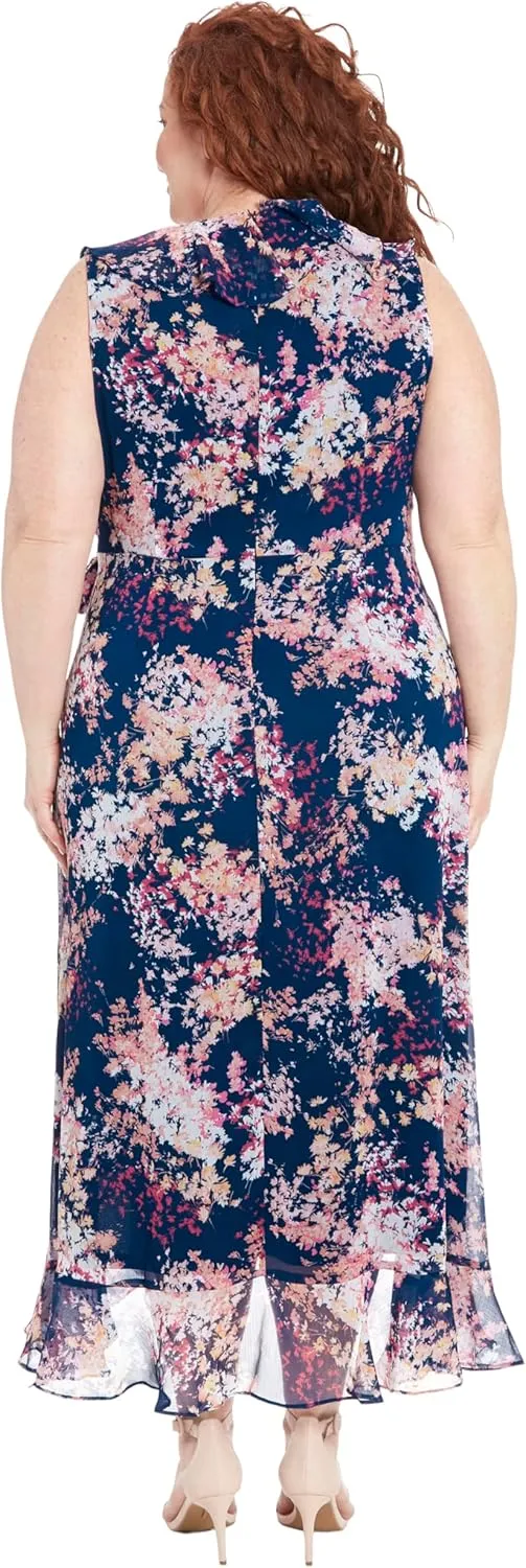 London Times Women's Dresses Ruffle V-Neck and Faux Wrap Maxi Dress