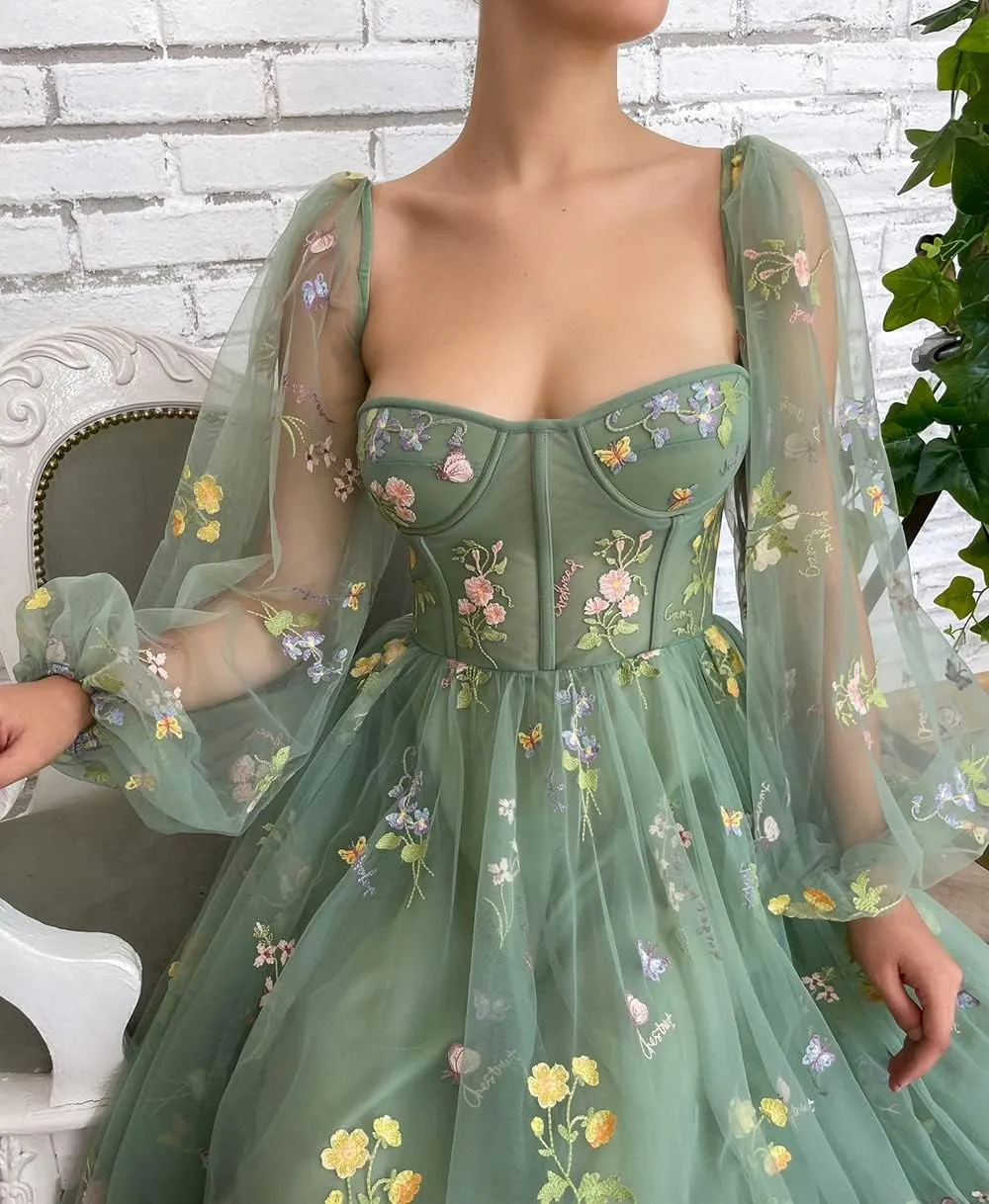 Long Flower Tulle Prom Dresses 2024 Spaghetti Straps Ball Gowns for Women WD204