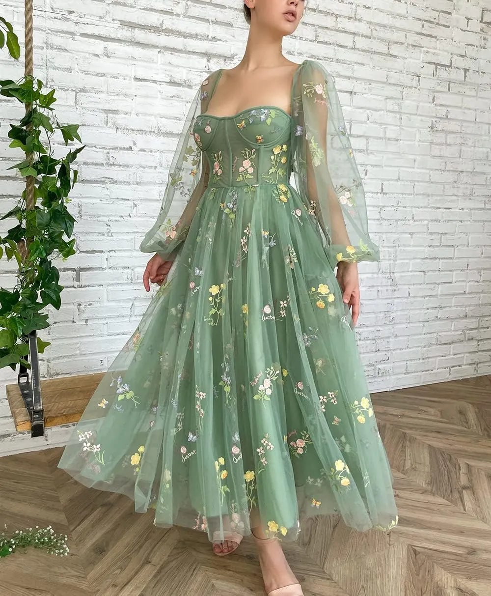 Long Flower Tulle Prom Dresses 2024 Spaghetti Straps Ball Gowns for Women WD204