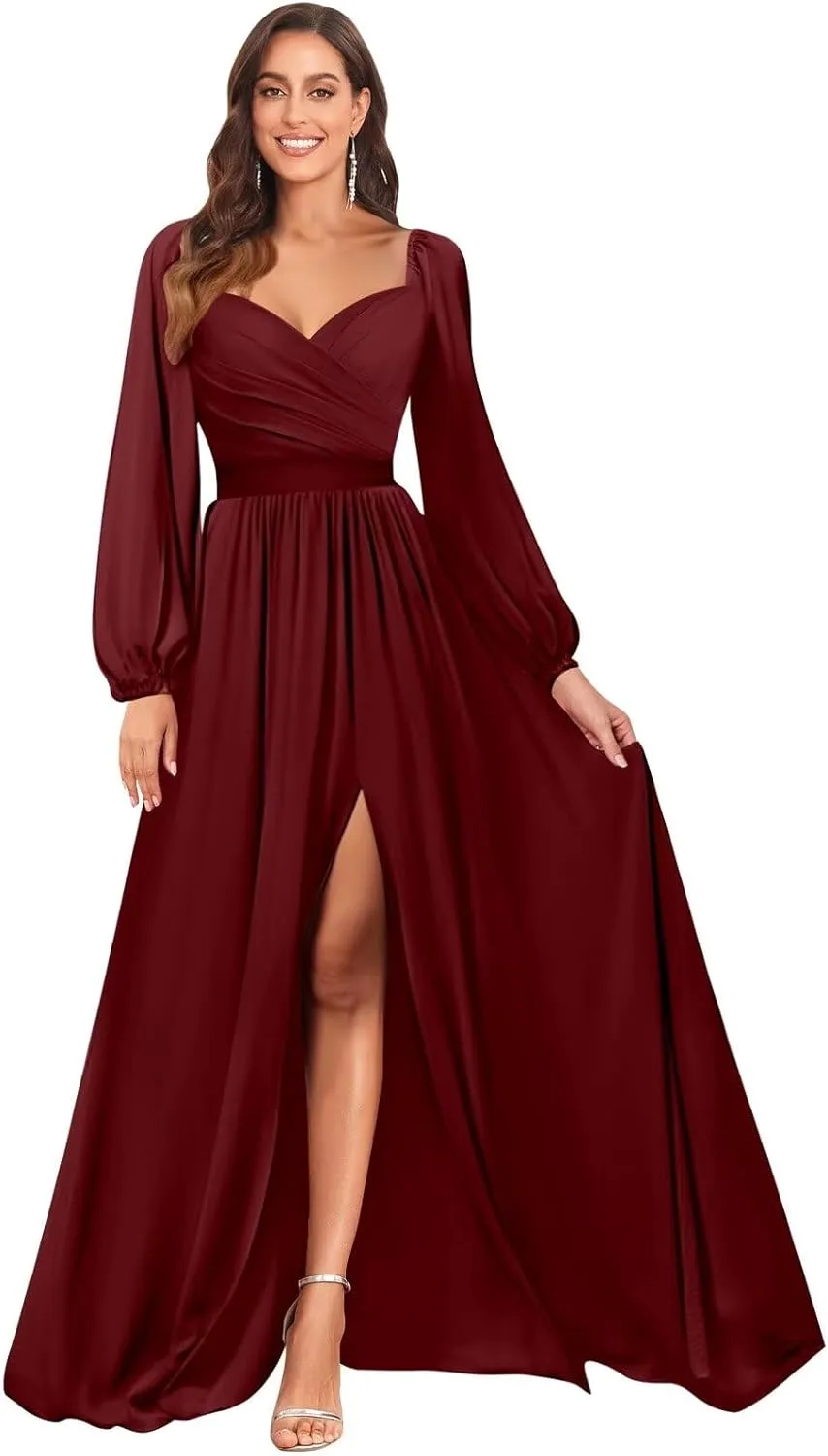 Long Sleeve Bridesmaid Dresses with Slit for Women Sweetheart Ruched Chiffon Formal Gown