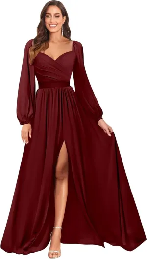 Long Sleeve Bridesmaid Dresses with Slit for Women Sweetheart Ruched Chiffon Formal Gown