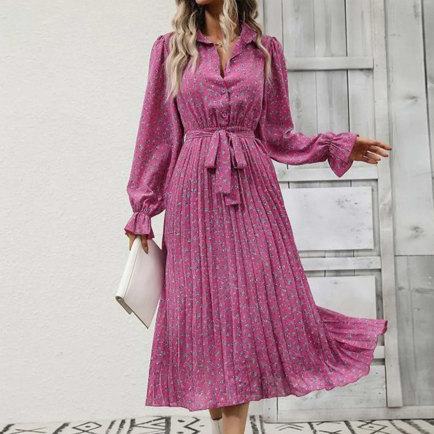 Long Sleeve Maxi Dress for Women Plus Size Button V Neck Fall Dresses Flowy Casual Floral Smocked Tiered Long Dress