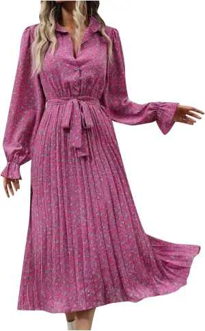 Long Sleeve Maxi Dress for Women Plus Size Button V Neck Fall Dresses Flowy Casual Floral Smocked Tiered Long Dress