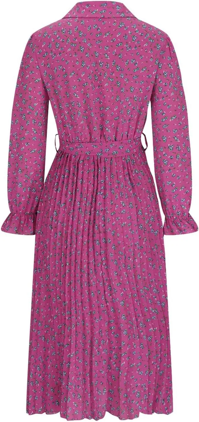 Long Sleeve Maxi Dress for Women Plus Size Button V Neck Fall Dresses Flowy Casual Floral Smocked Tiered Long Dress