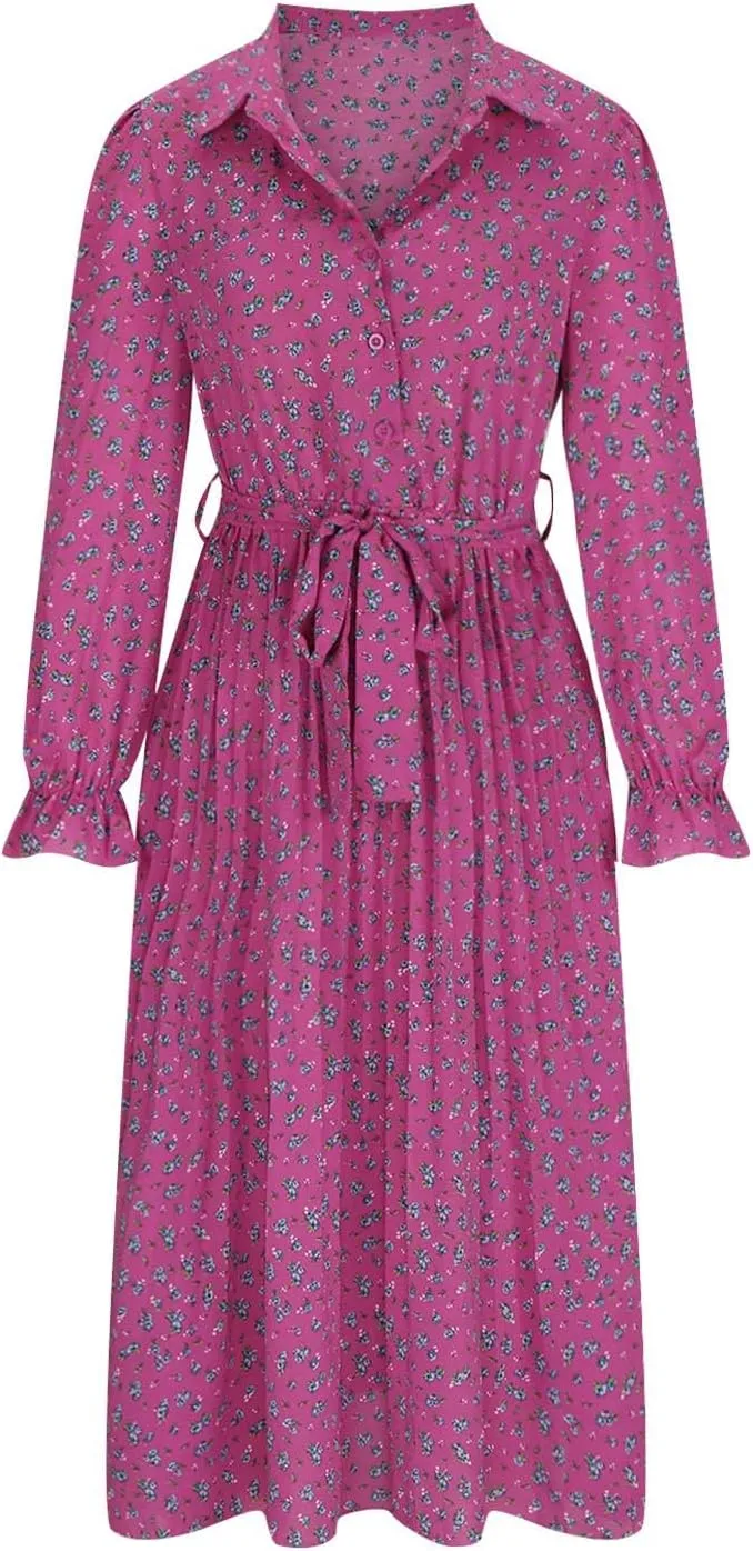 Long Sleeve Maxi Dress for Women Plus Size Button V Neck Fall Dresses Flowy Casual Floral Smocked Tiered Long Dress