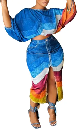 Lucuna Women's Fall 2 Piece Outfits Sexy Off Shoulder Long Sleeve Crop Tops High Slit Bodycon Maxi Skirt Set