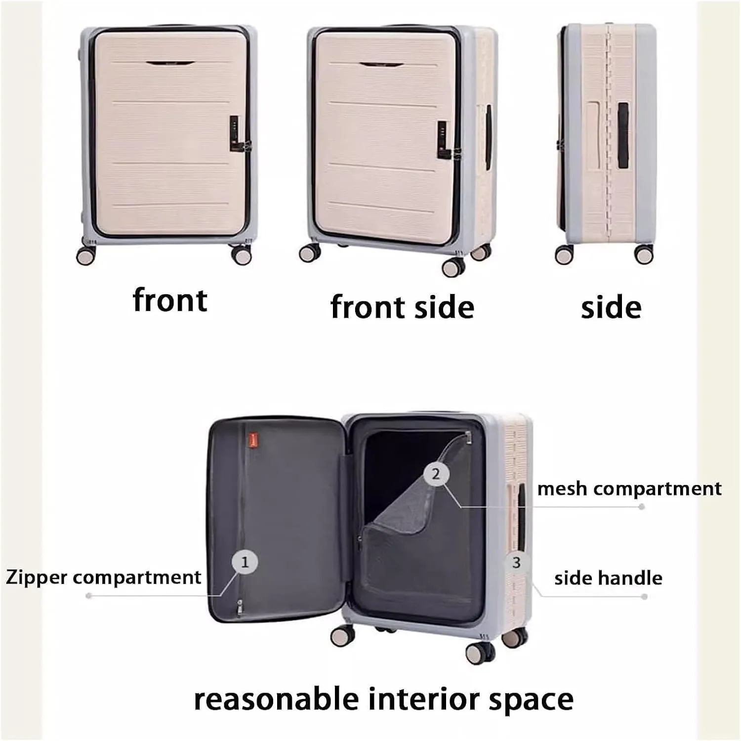 LuggageSuitcases With Wheels Carry On Luggage Beautiful Luggage Large Capacity Hard Shell Suitcase Front Opening Design Luggage Suitcase Adjustable Rails Trolley Luggage Lightweight ( Color : Gray ,