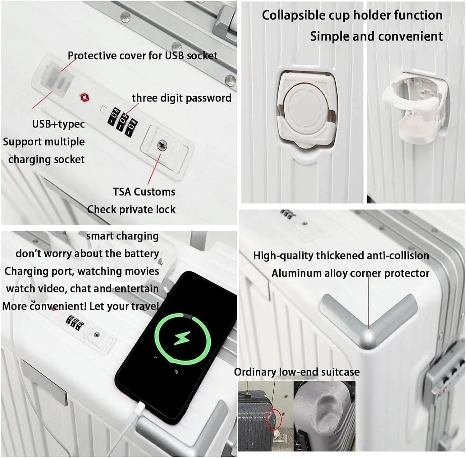 LuggageSuitcases With Wheels Carry On Luggage High Capacity Luggage Usb Charging Port Luggage Suitcase Front Opening Trolley Luggage Lightweight Hard Shell Suitcases Lightweight ( Color : White , Siz