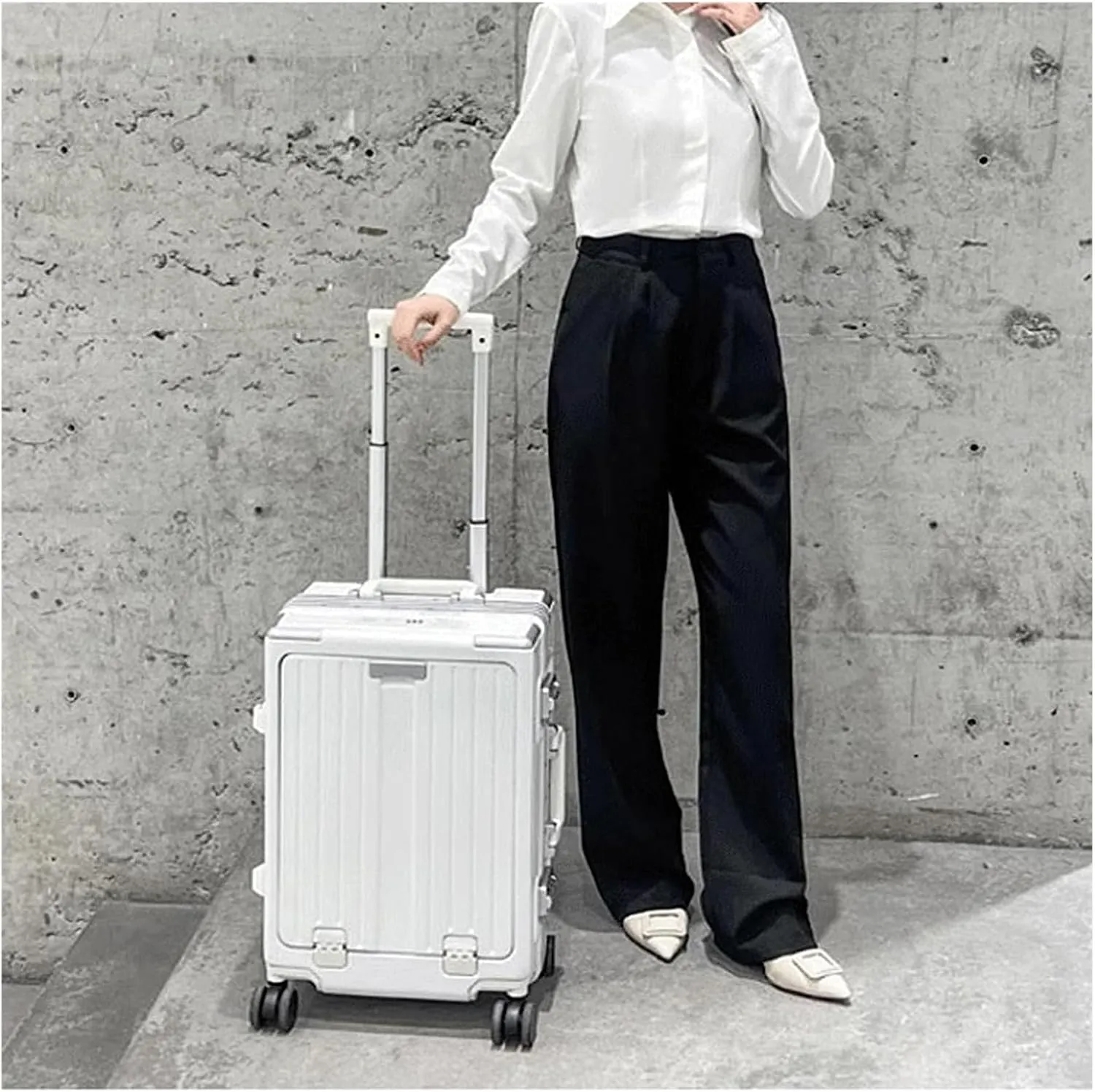 LuggageSuitcases With Wheels Carry On Luggage High Capacity Luggage Usb Charging Port Luggage Suitcase Front Opening Trolley Luggage Lightweight Hard Shell Suitcases Lightweight ( Color : White , Siz