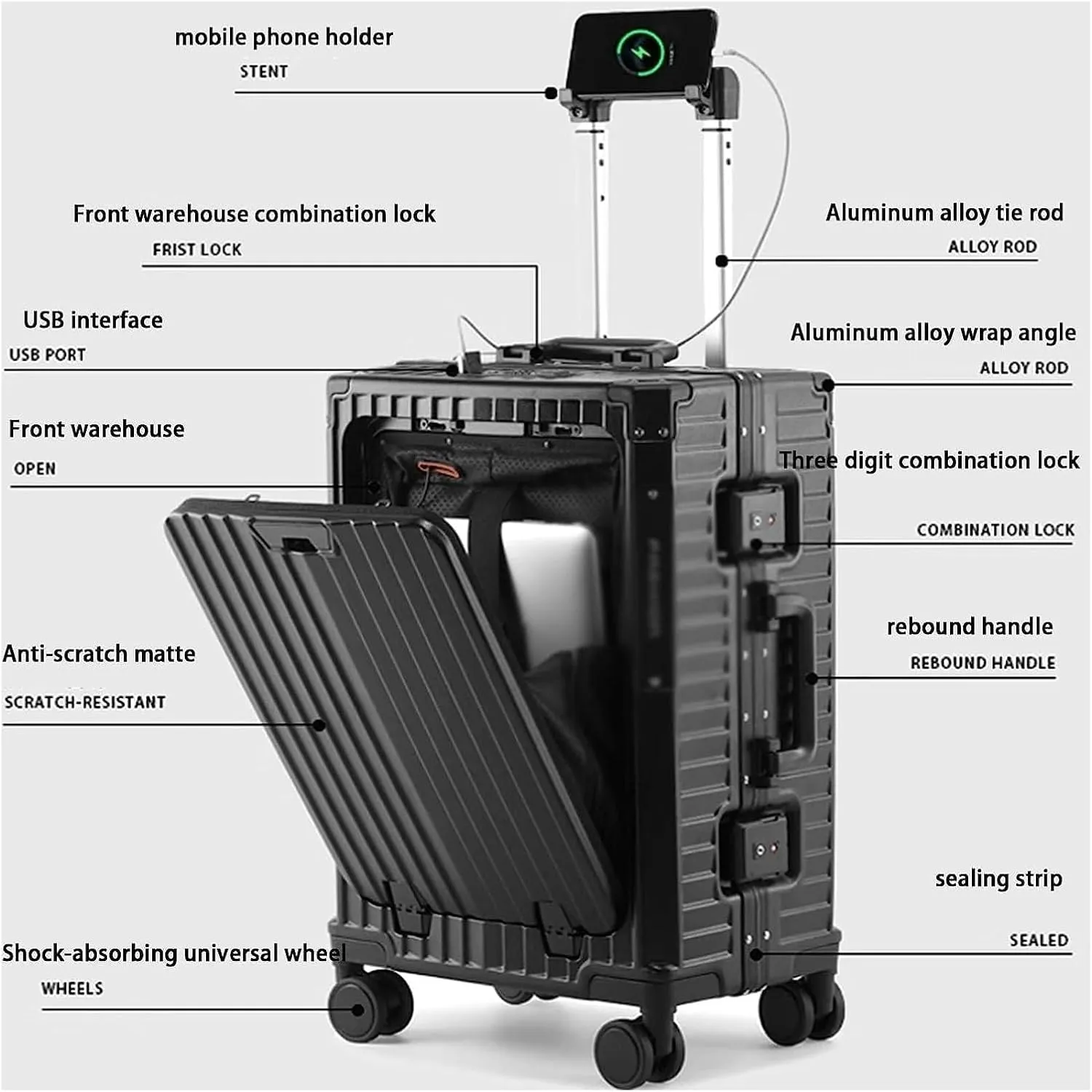 LuggageSuitcases With Wheels Carry On Luggage High Capacity Luggage Usb Charging Port Luggage Suitcase Front Opening Trolley Luggage Lightweight Hard Shell Suitcases Lightweight ( Color : White , Siz
