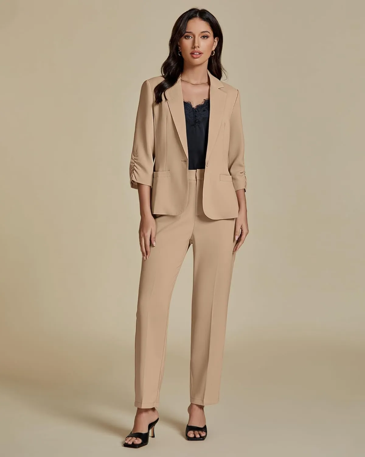 luvamia Pant Suits for Women Dressy 2 Piece Business Casual Outfits 3/4 Sleeve Blazer Straight Leg Pant Sets Office Work