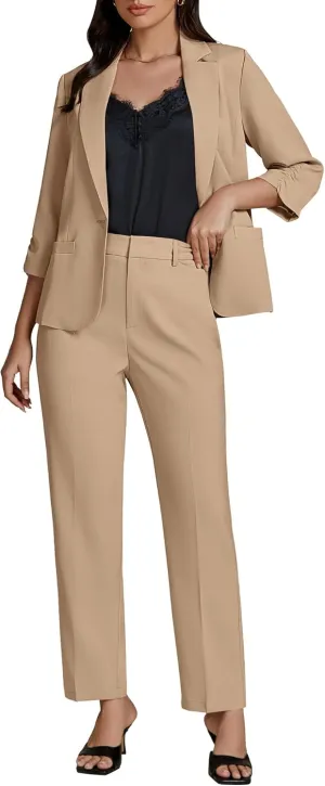 luvamia Pant Suits for Women Dressy 2 Piece Business Casual Outfits 3/4 Sleeve Blazer Straight Leg Pant Sets Office Work