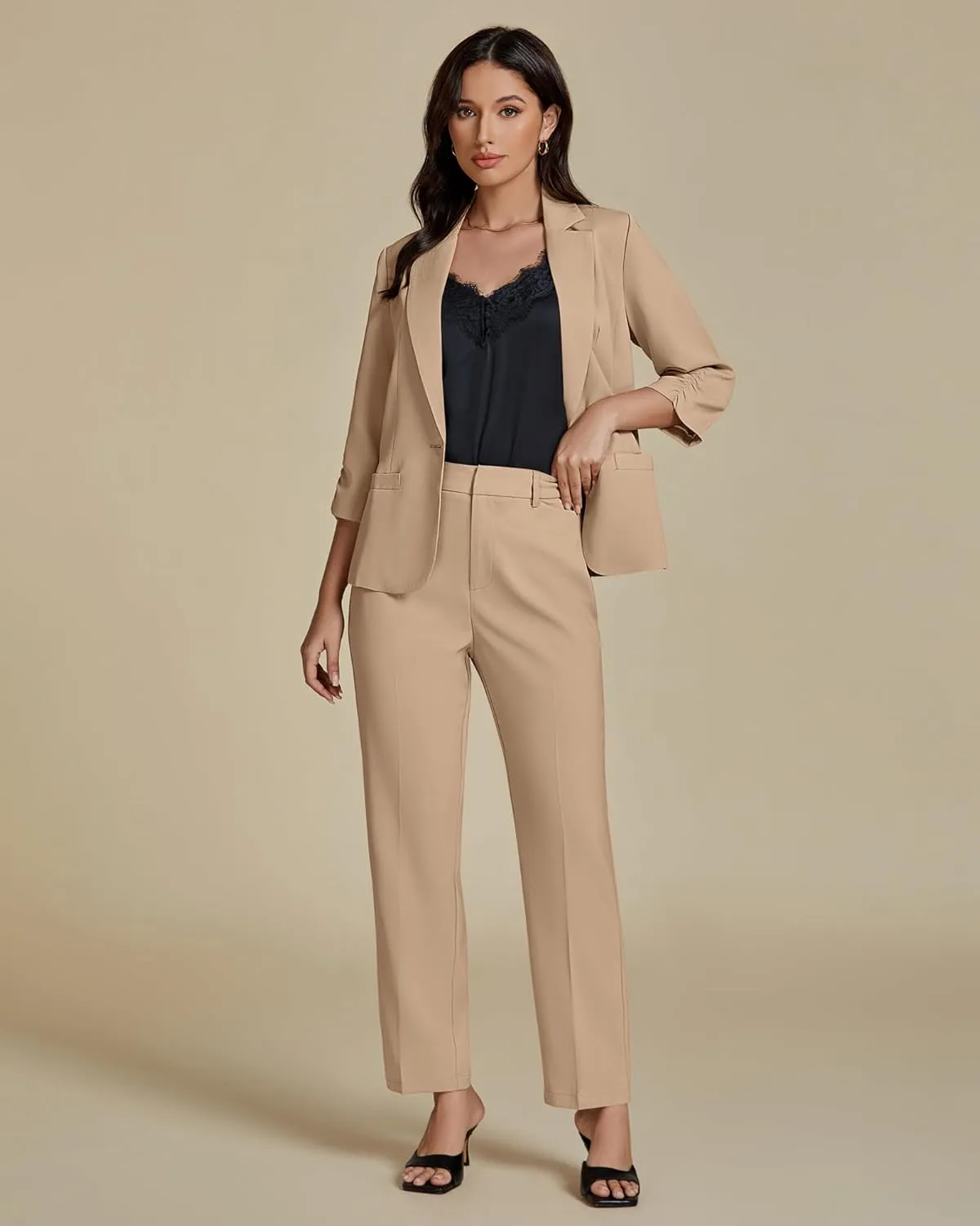 luvamia Pant Suits for Women Dressy 2 Piece Business Casual Outfits 3/4 Sleeve Blazer Straight Leg Pant Sets Office Work