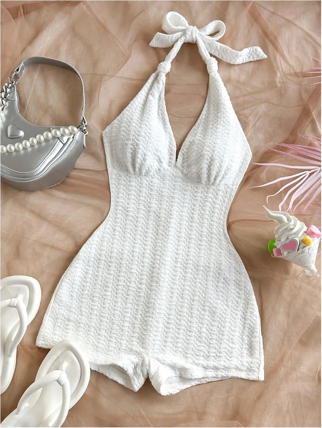 MakeMeChic Women's Halter Short Rompers Summer One Piece Jumpsuits Backless Shapewear