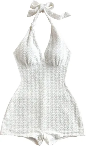 MakeMeChic Women's Halter Short Rompers Summer One Piece Jumpsuits Backless Shapewear