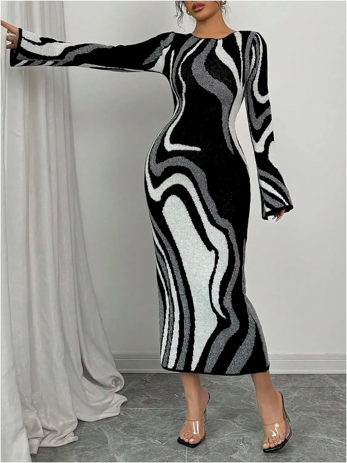 MakeMeChic Women's Leopard Print Sweater Dress Bell Sleeve Lace Up Bodycon Maxi Dresses