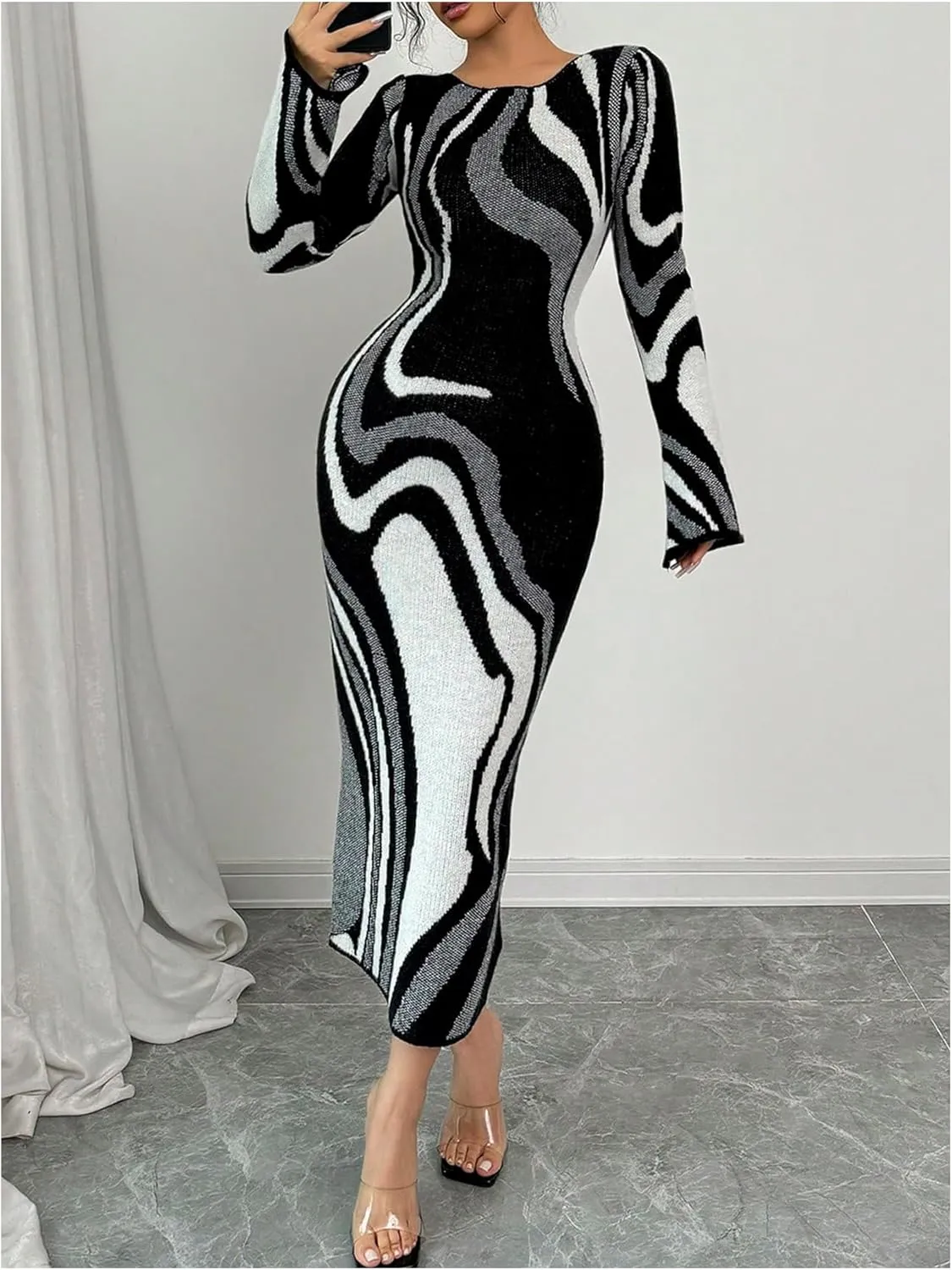 MakeMeChic Women's Leopard Print Sweater Dress Bell Sleeve Lace Up Bodycon Maxi Dresses