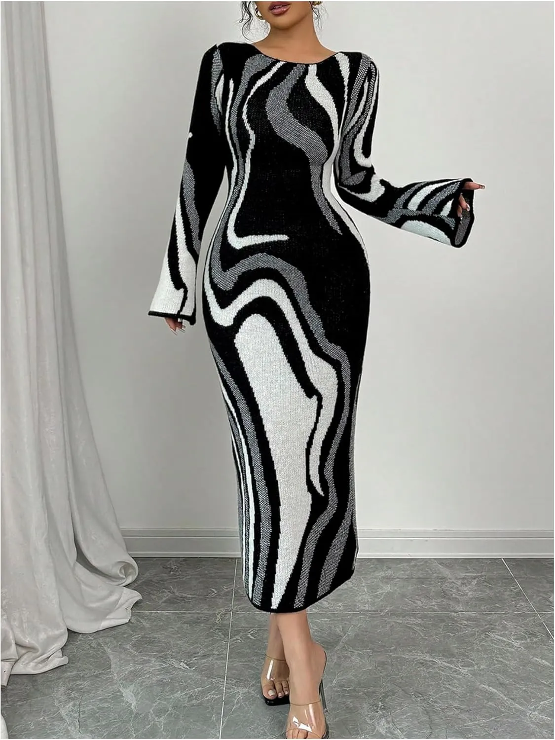 MakeMeChic Women's Leopard Print Sweater Dress Bell Sleeve Lace Up Bodycon Maxi Dresses