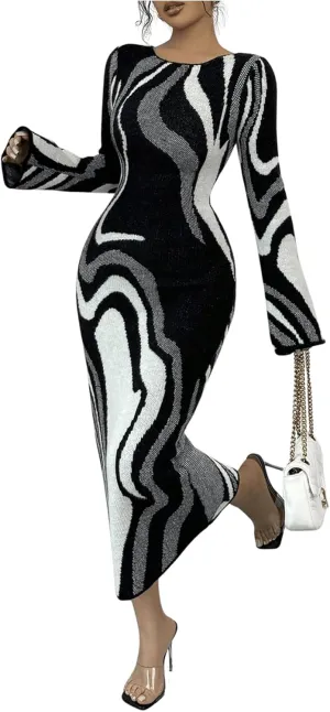 MakeMeChic Women's Leopard Print Sweater Dress Bell Sleeve Lace Up Bodycon Maxi Dresses