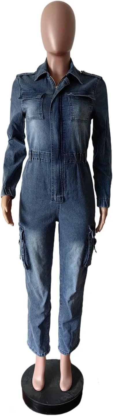 Mandonce Denim Romper for Women Zip up Long Sleeve Jumpsuit with Pockets High Waist Cargo Jean Jumpsuit for Women