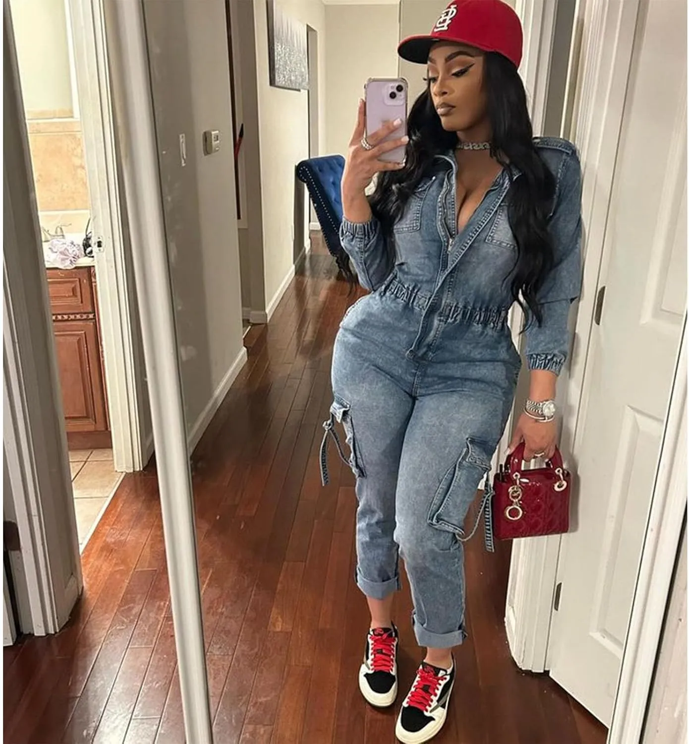 Mandonce Denim Romper for Women Zip up Long Sleeve Jumpsuit with Pockets High Waist Cargo Jean Jumpsuit for Women