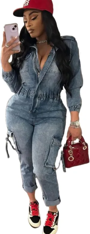 Mandonce Denim Romper for Women Zip up Long Sleeve Jumpsuit with Pockets High Waist Cargo Jean Jumpsuit for Women