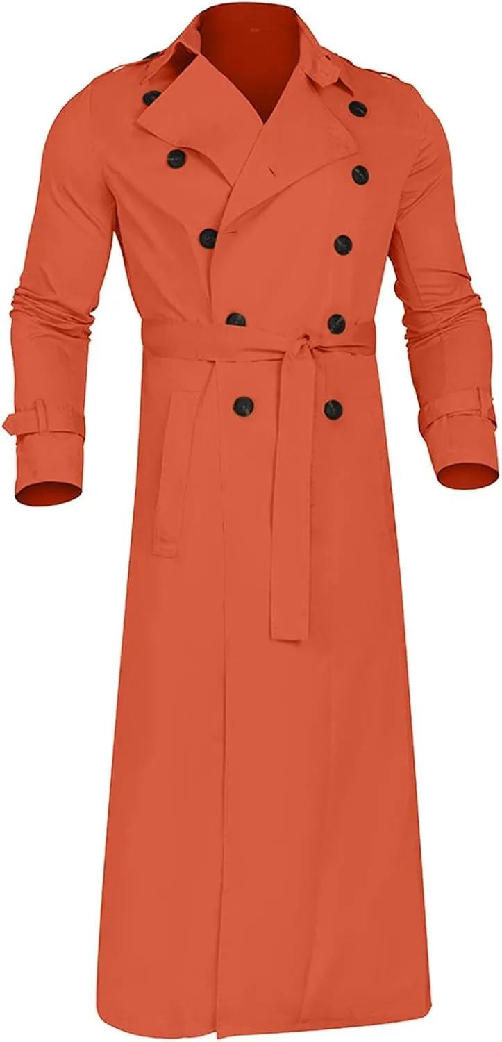Men's Double Breasted Long Trench Coat Business Casual Oversized Windbreaker Notch Lapel Jacket Belted Windproof Overcoat