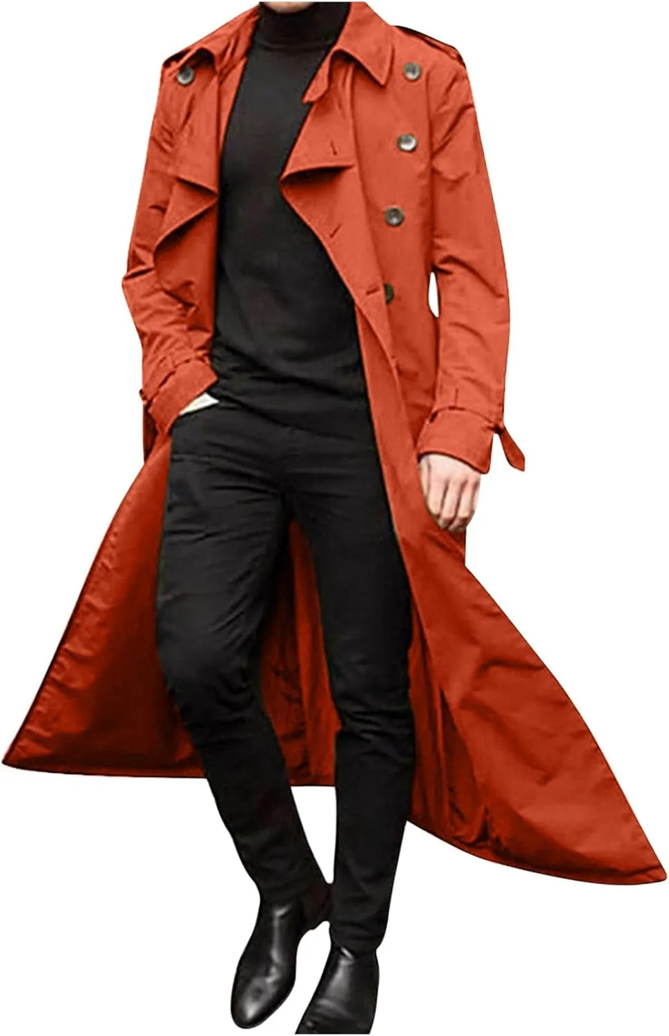 Men's Double Breasted Long Trench Coat Business Casual Oversized Windbreaker Notch Lapel Jacket Belted Windproof Overcoat