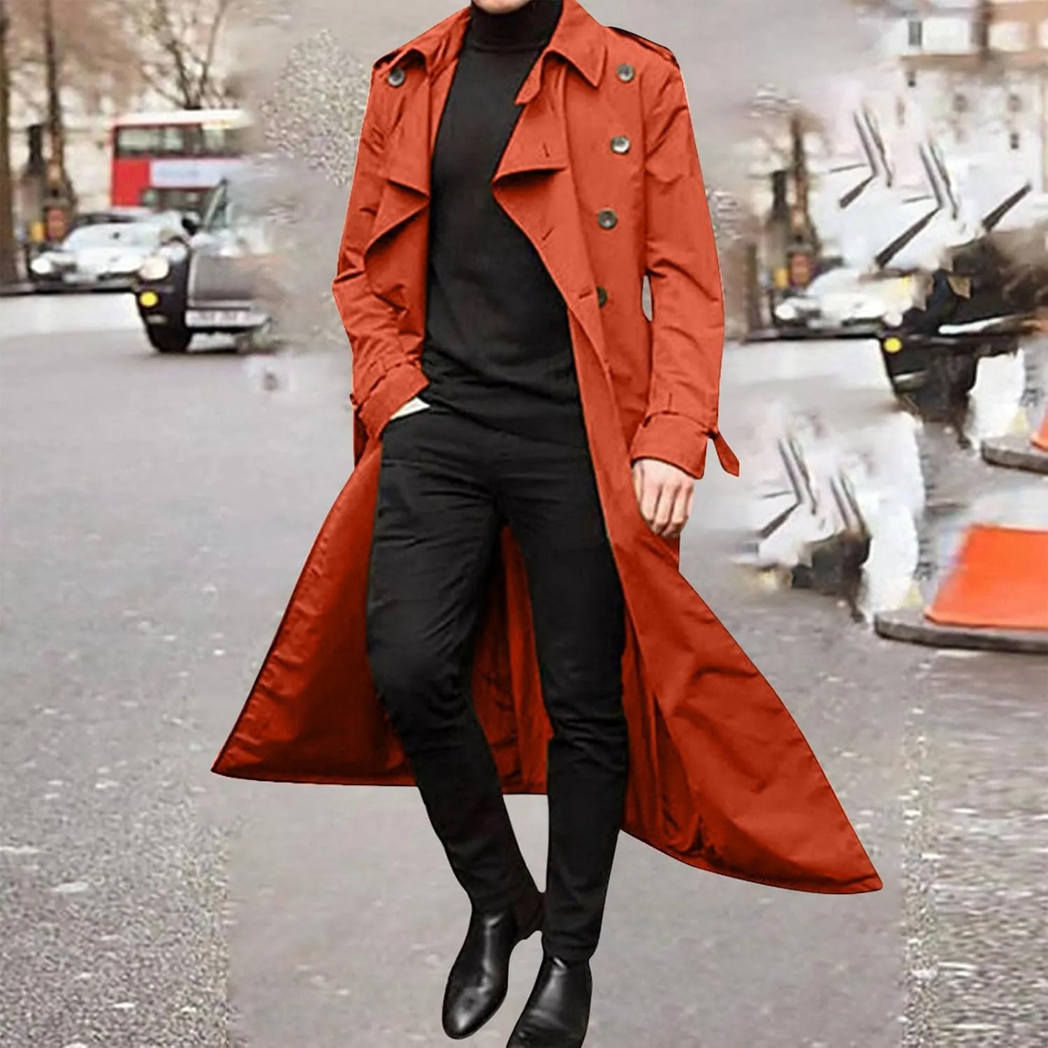 Men's Double Breasted Long Trench Coat Business Casual Oversized Windbreaker Notch Lapel Jacket Belted Windproof Overcoat