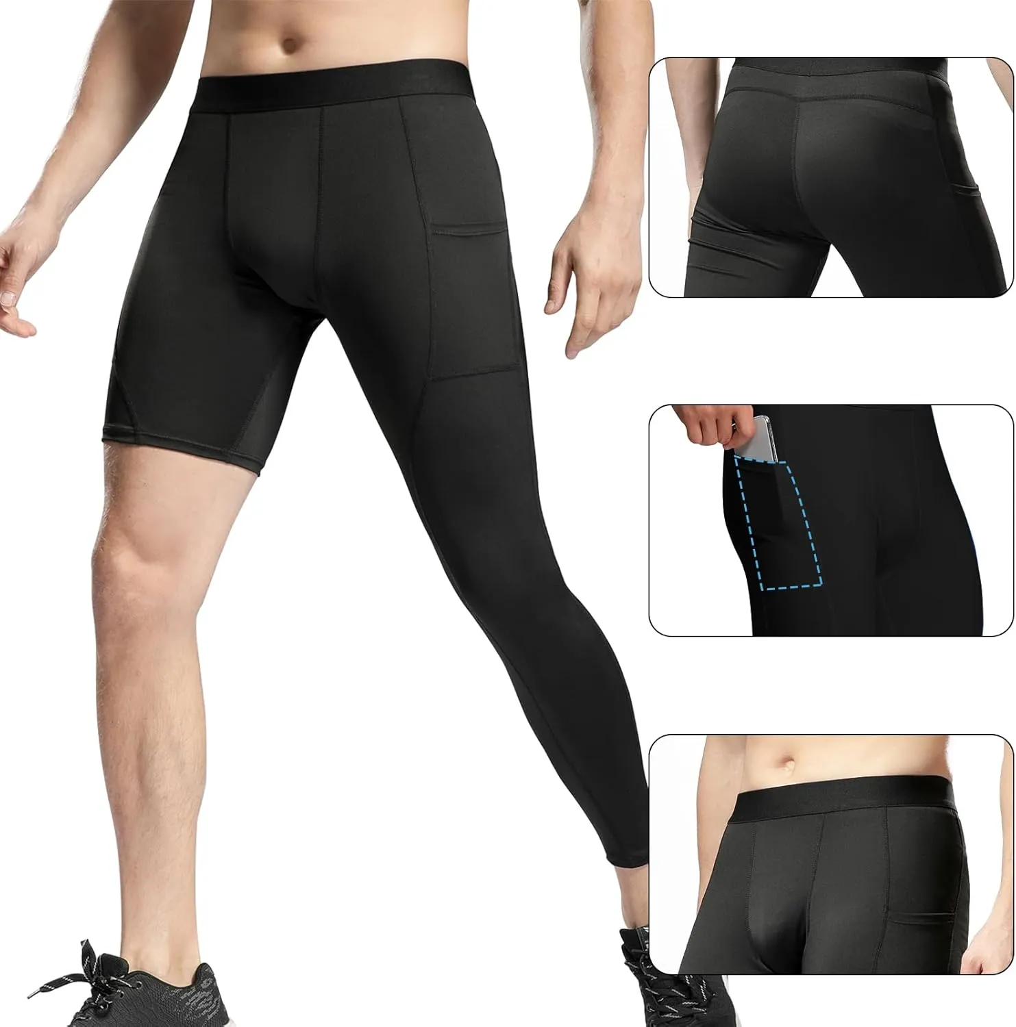 Mens One Leg Compression Pants Full Length Tight Basketball 1/2 Single Leg Long Pant Base Layer Leggings Underwear