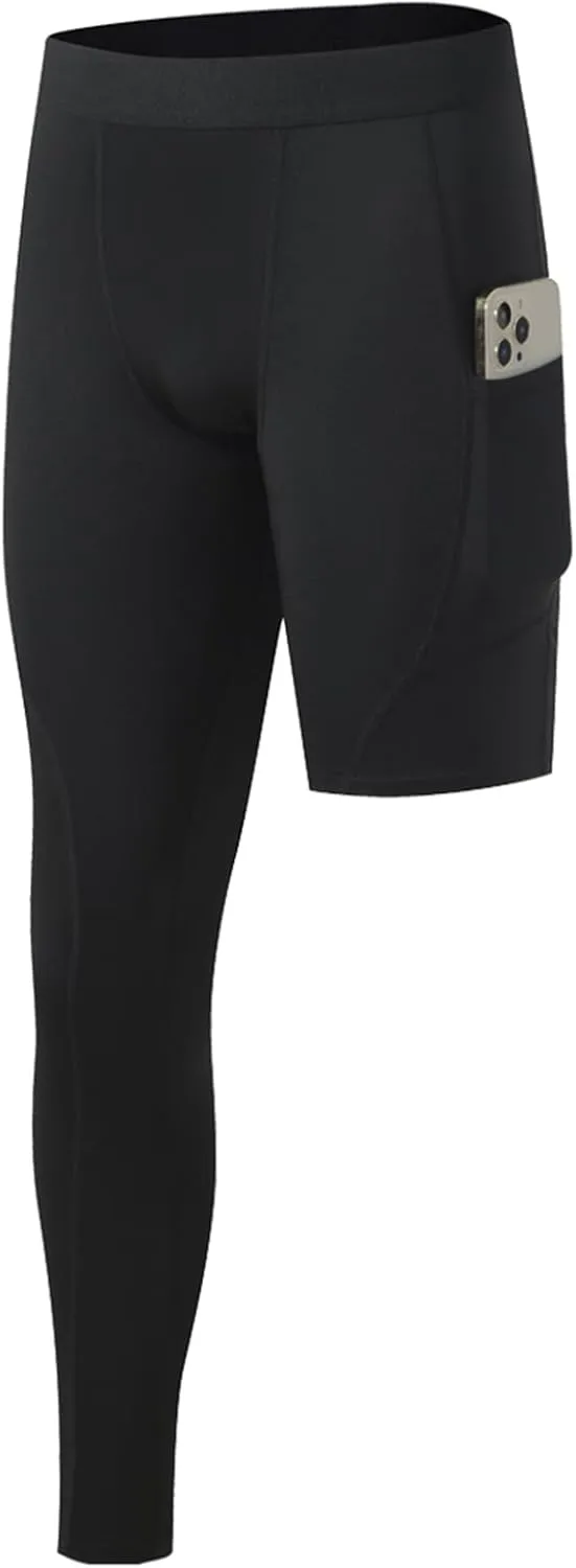 Mens One Leg Compression Pants Full Length Tight Basketball 1/2 Single Leg Long Pant Base Layer Leggings Underwear