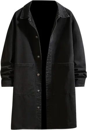 Mens Ripped Jeans Jacket Casual Denim Trench Coat Long Coat Jacket for Men Denim