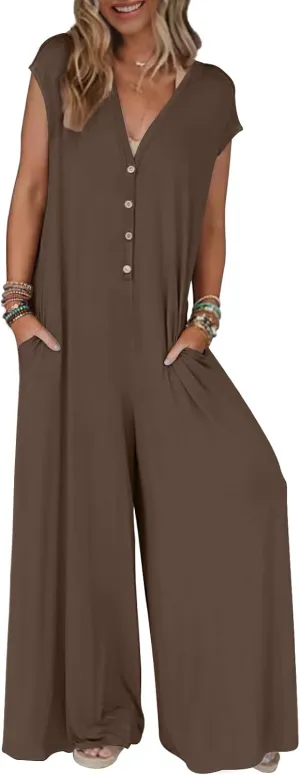 MEROKEETY Women's 2025 Summer Cap Sleeve Jumpsuits Deep V Neck Button Onesie Wide Leg Pants Rompers