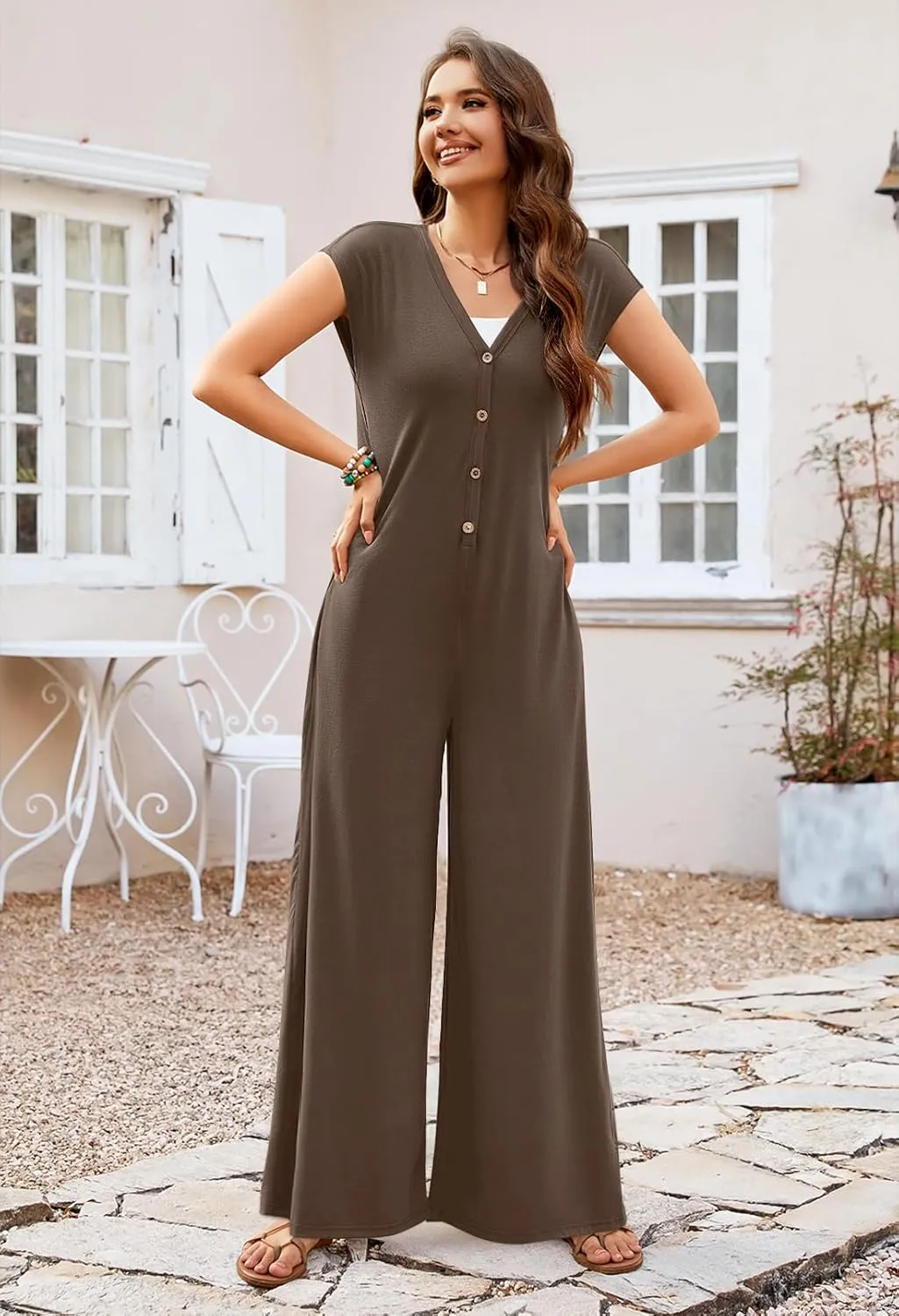 MEROKEETY Women's 2025 Summer Cap Sleeve Jumpsuits Deep V Neck Button Onesie Wide Leg Pants Rompers