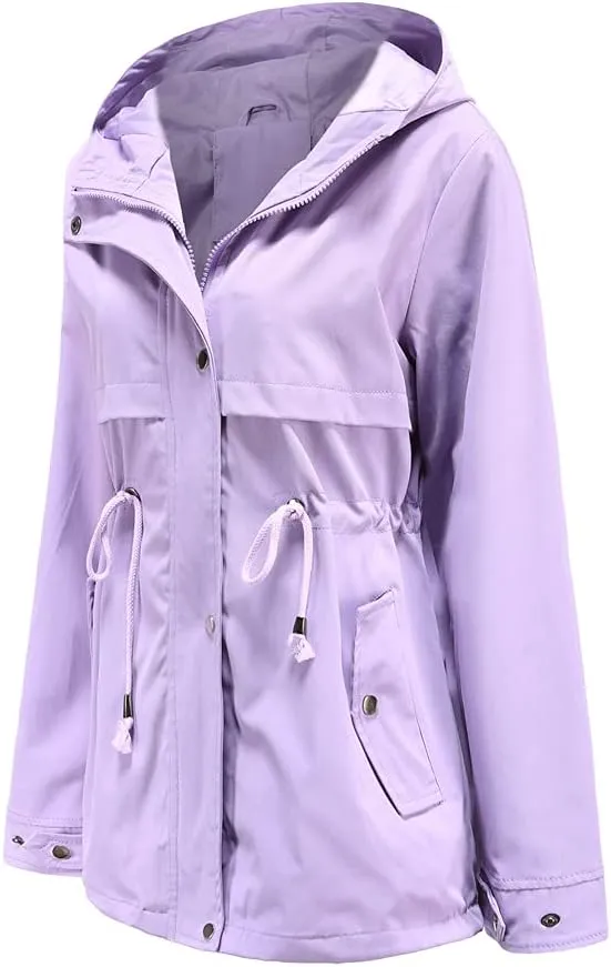 Meufam Women's Mid-Length Rain Jacket Waterproof Lightweight Outdoor Trench Raincoat with Hood