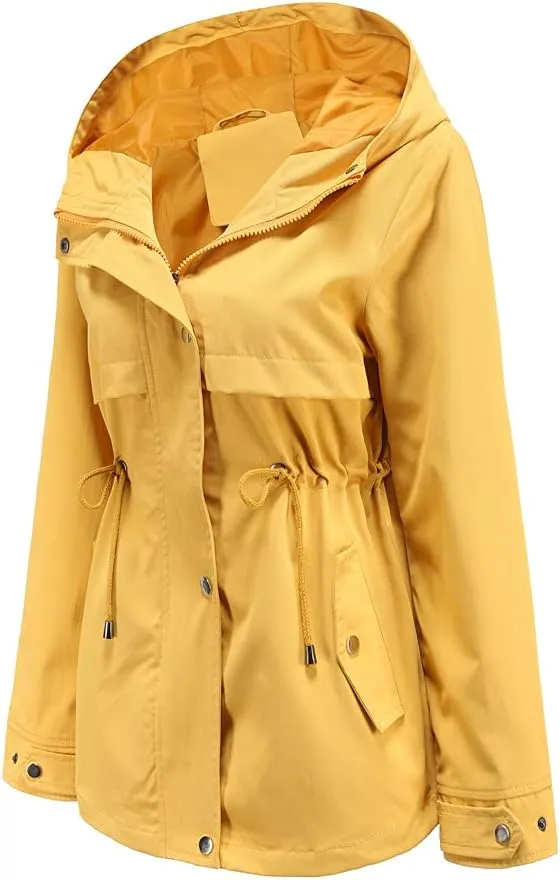 Meufam Women's Mid-Length Rain Jacket Waterproof Lightweight Outdoor Trench Raincoat with Hood