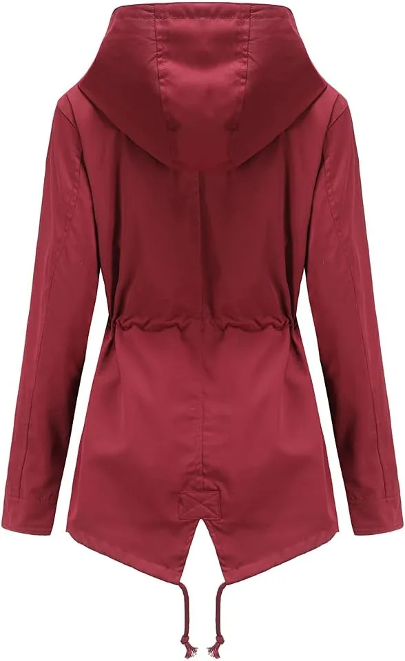 Meufam Women's Mid-Length Rain Jacket Waterproof Lightweight Outdoor Trench Raincoat with Hood