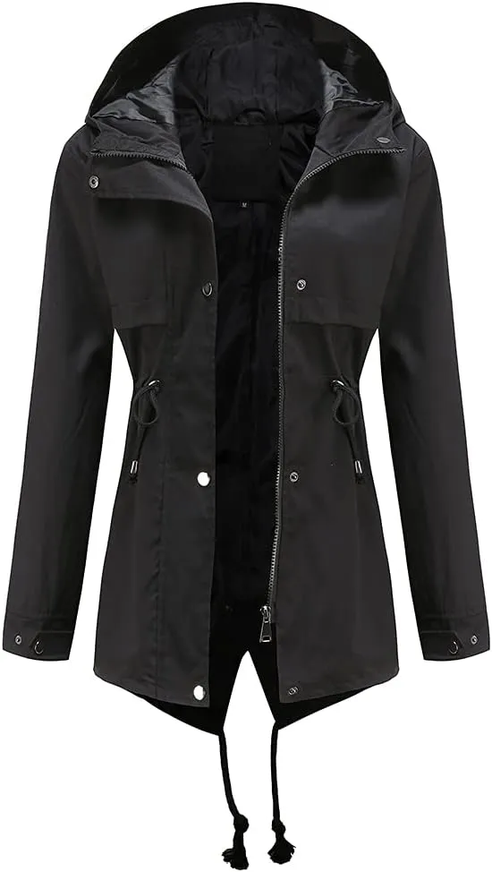 Meufam Women's Mid-Length Rain Jacket Waterproof Lightweight Outdoor Trench Raincoat with Hood