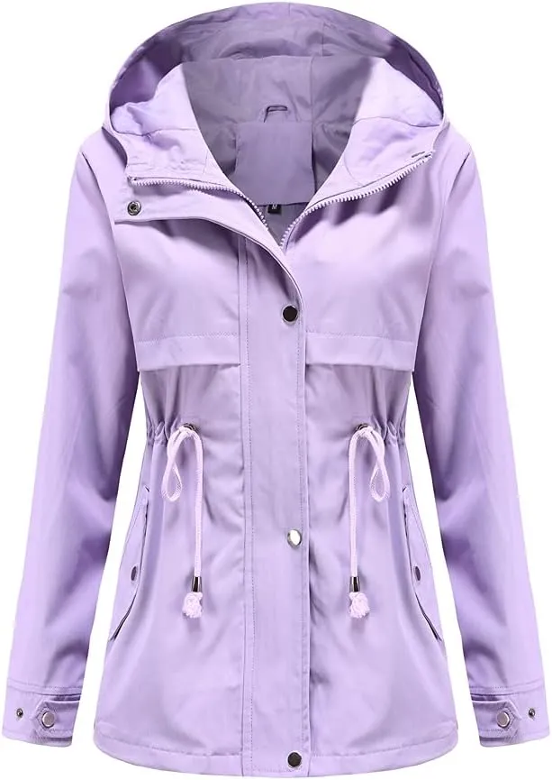 Meufam Women's Mid-Length Rain Jacket Waterproof Lightweight Outdoor Trench Raincoat with Hood