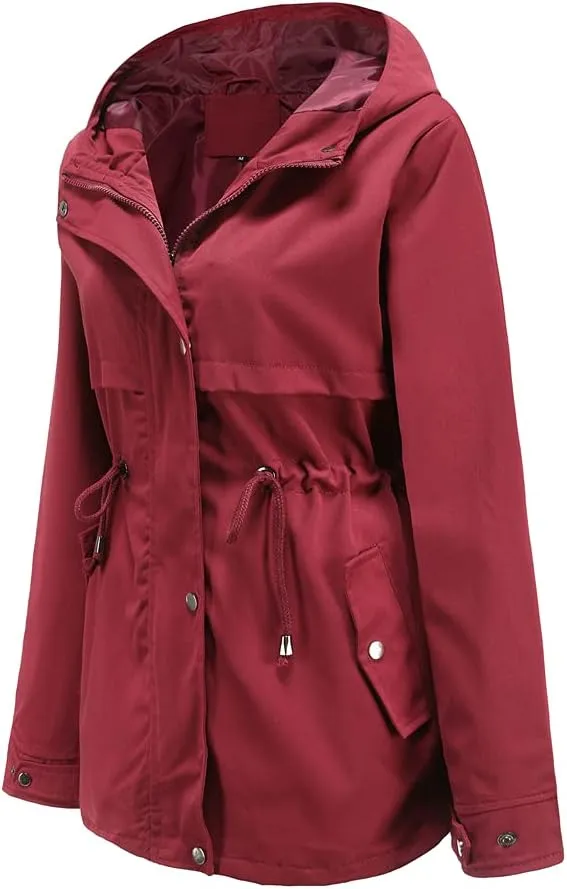 Meufam Women's Mid-Length Rain Jacket Waterproof Lightweight Outdoor Trench Raincoat with Hood