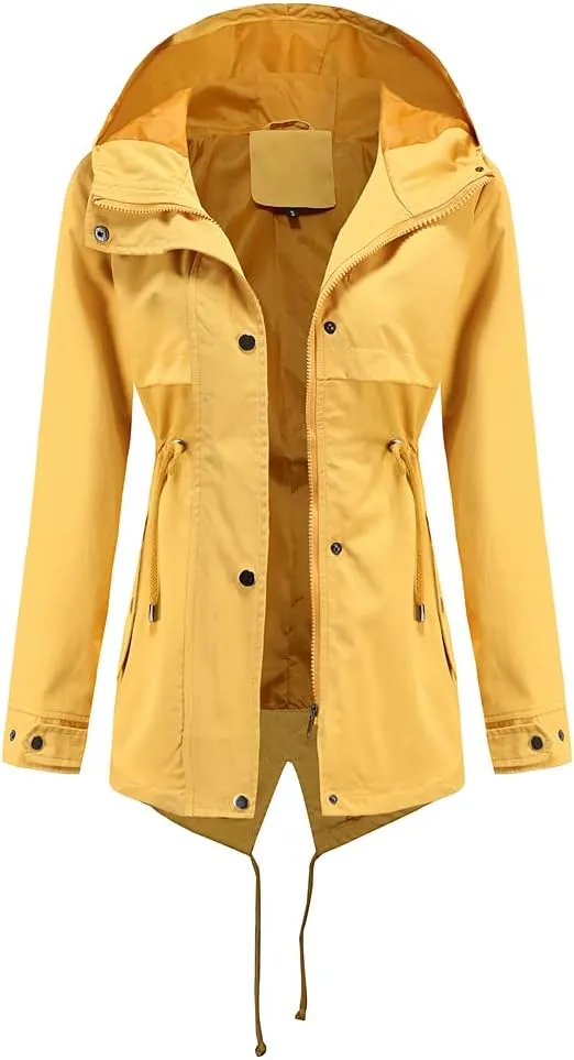 Meufam Women's Mid-Length Rain Jacket Waterproof Lightweight Outdoor Trench Raincoat with Hood