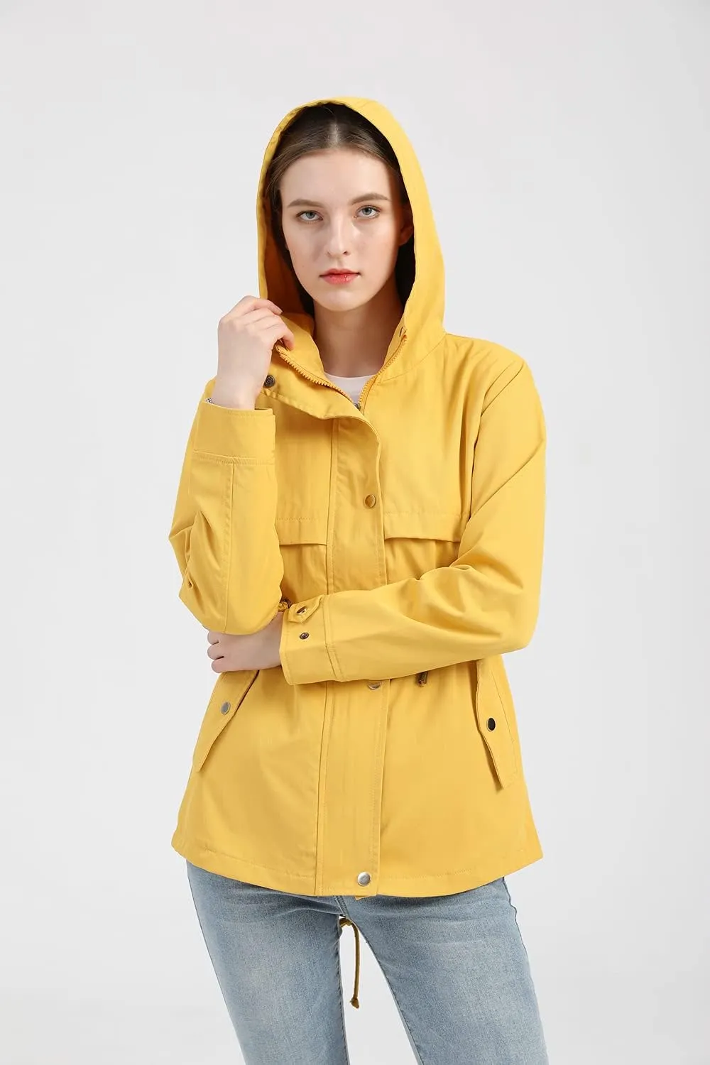 Meufam Women's Mid-Length Rain Jacket Waterproof Lightweight Outdoor Trench Raincoat with Hood