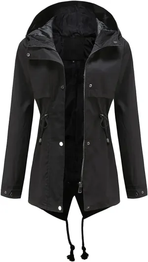 Meufam Women's Mid-Length Rain Jacket Waterproof Lightweight Outdoor Trench Raincoat with Hood